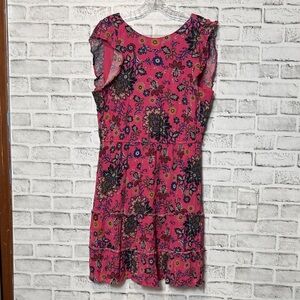 LOFT Vibrant Pink Dress‎ floral print ruffles deep V in back with tie size Large